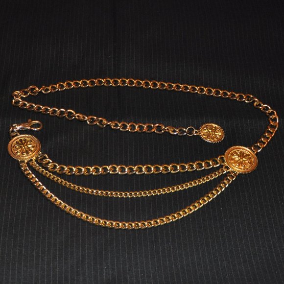 unbranded Accessories - Vintage 90s Gold Tone Heavy Chain LINK, Medallion. 3 Strand, Belt Korea